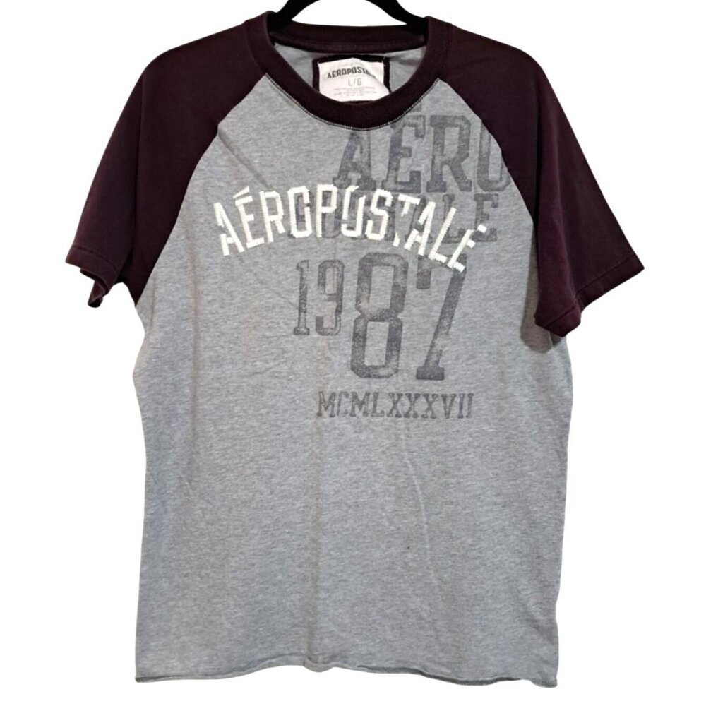 Aeropostale Mens Raglan Graphic T-Shirt Size L Gray & Burgundy - Picture 1 of 8